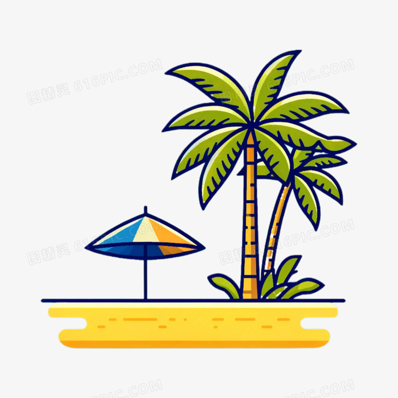 插画海滩椰子树沙滩椅免抠元素