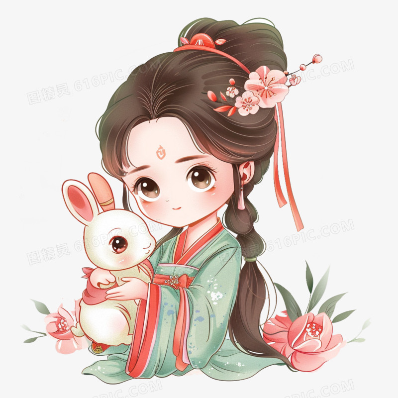 古风卡通嫦娥抱着兔子的元素