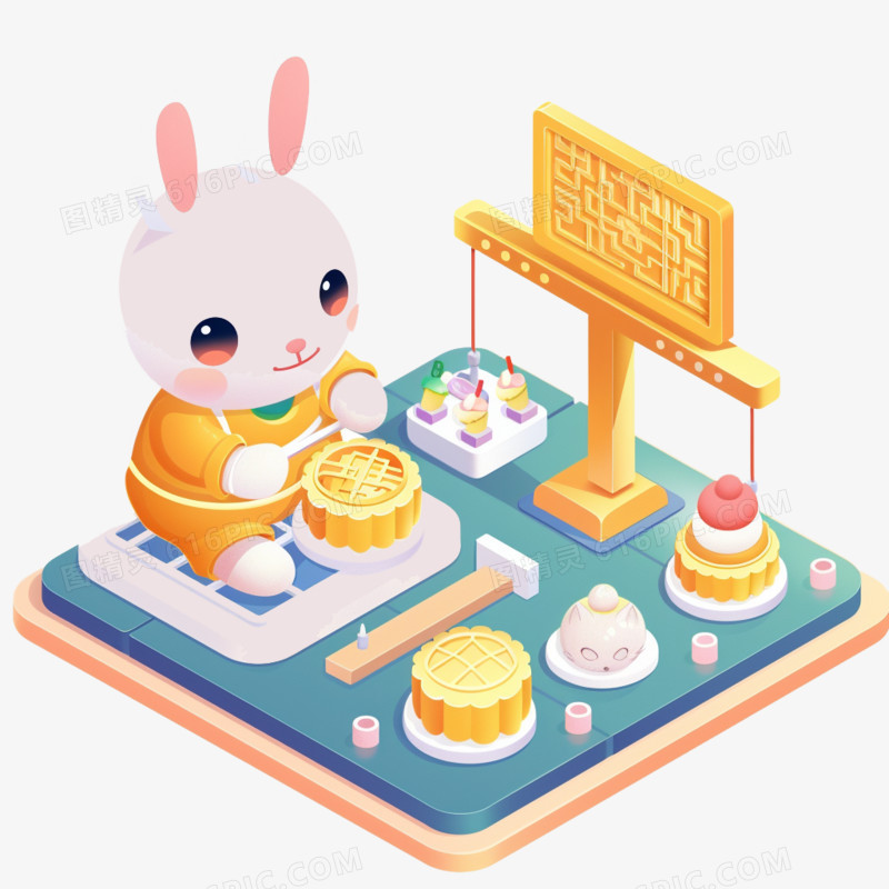 正在修建月饼的兔子创意元素