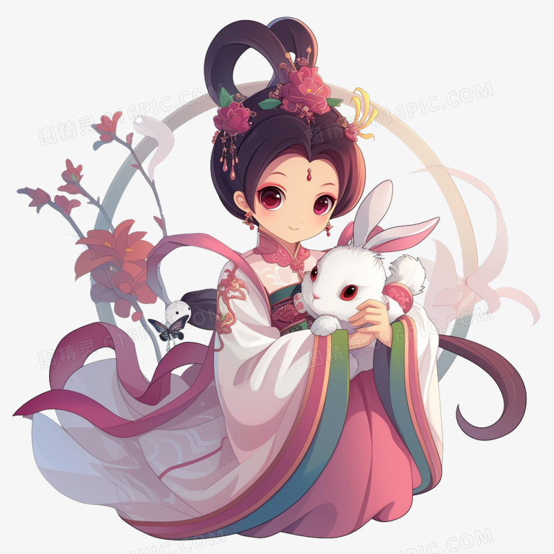 卡通风格嫦娥和玉兔的插画元素