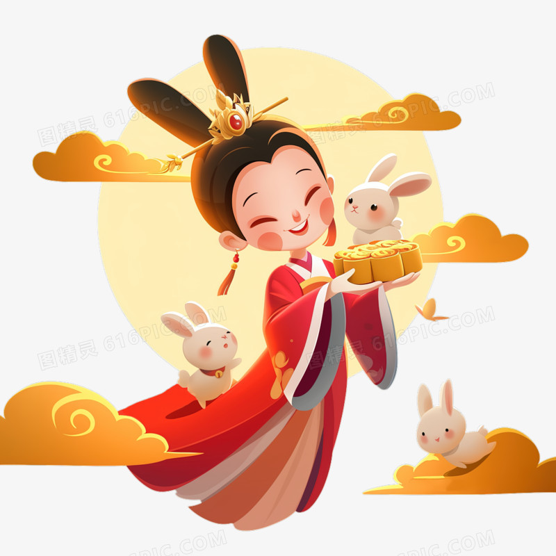 中秋节神话传说人物嫦娥奔月玉兔免抠元素