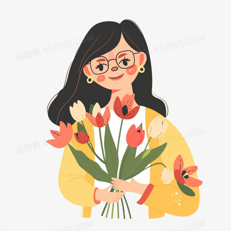 高清免抠抱着鲜花的女教师素材