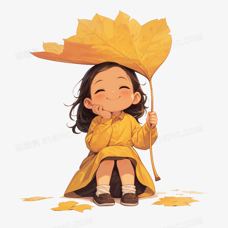 卡通风秋季小女孩拿着黄色树叶免抠元素