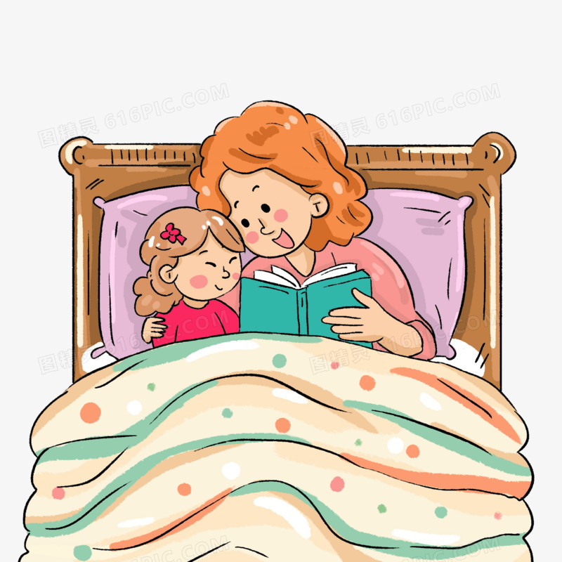 手绘睡前妈妈给女儿讲故事免抠元素