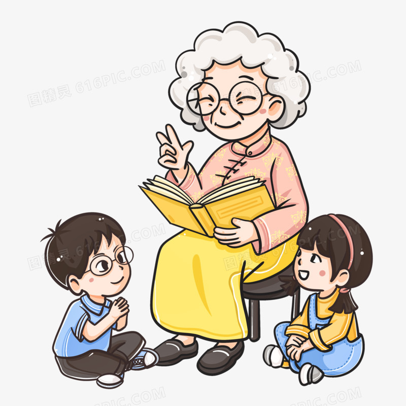 卡通手绘老奶奶讲故事免抠元素