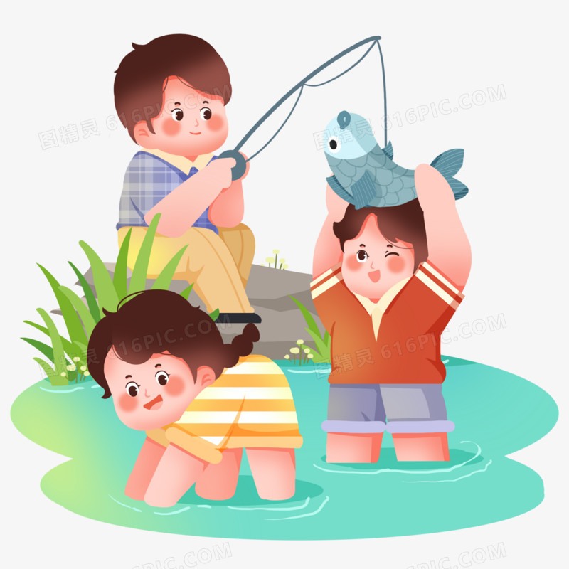 创意插画儿童小孩河边抓鱼元素