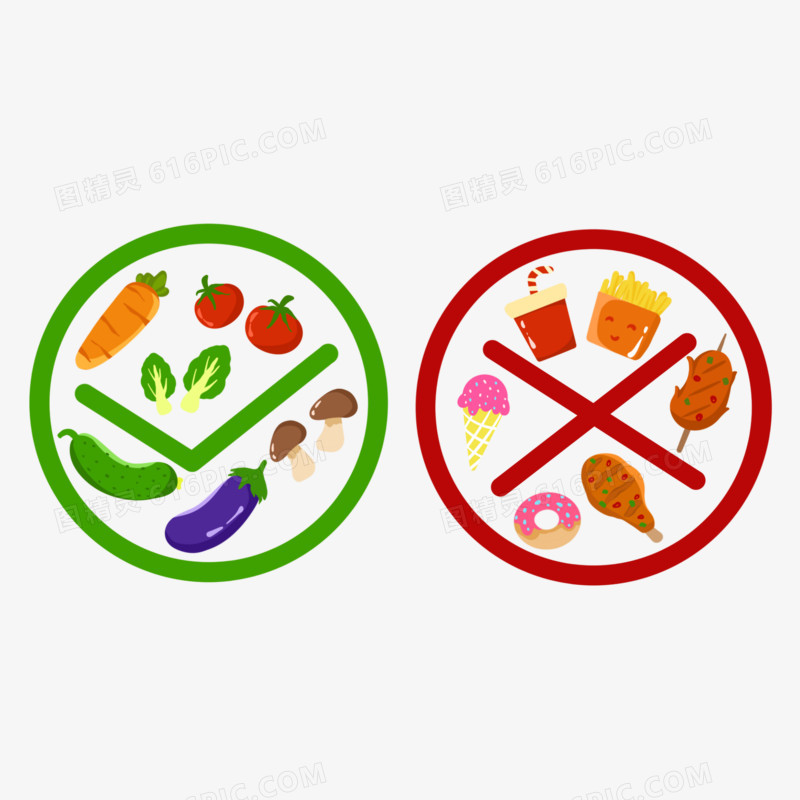 创意手绘健康饮食蔬菜垃圾食品免抠素材