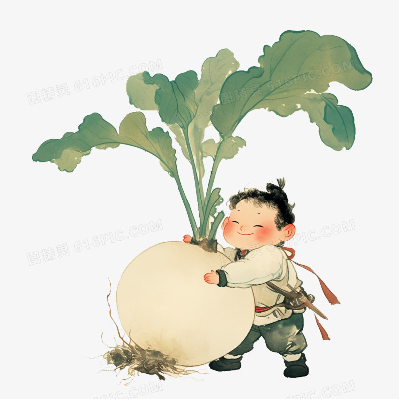 水墨画秋季抱着萝卜的小男孩免抠元素
