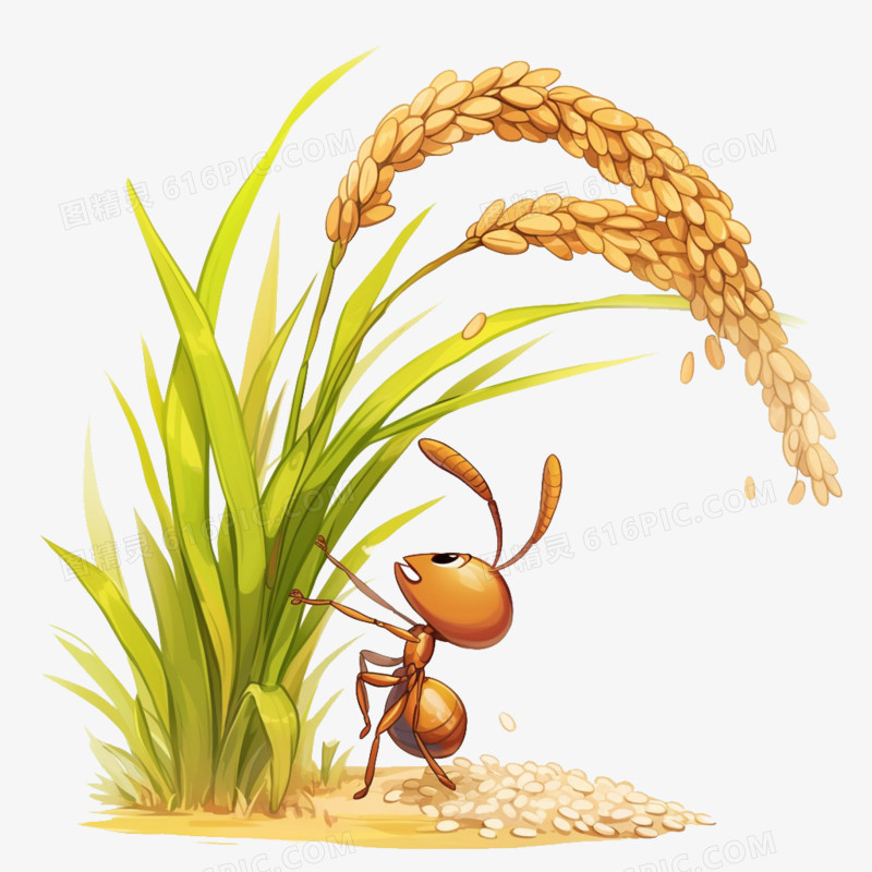 卡通风秋季蚂蚁和稻谷免抠元素