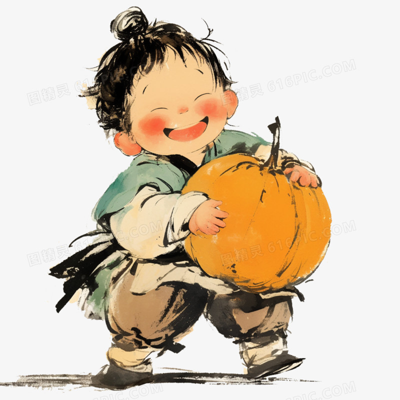 水墨画秋季抱着南瓜的小男孩免抠元素