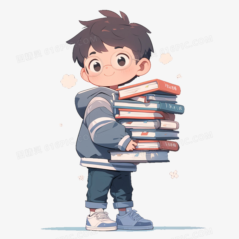 卡通风开学季一个中学生抱着一摞书免抠元素