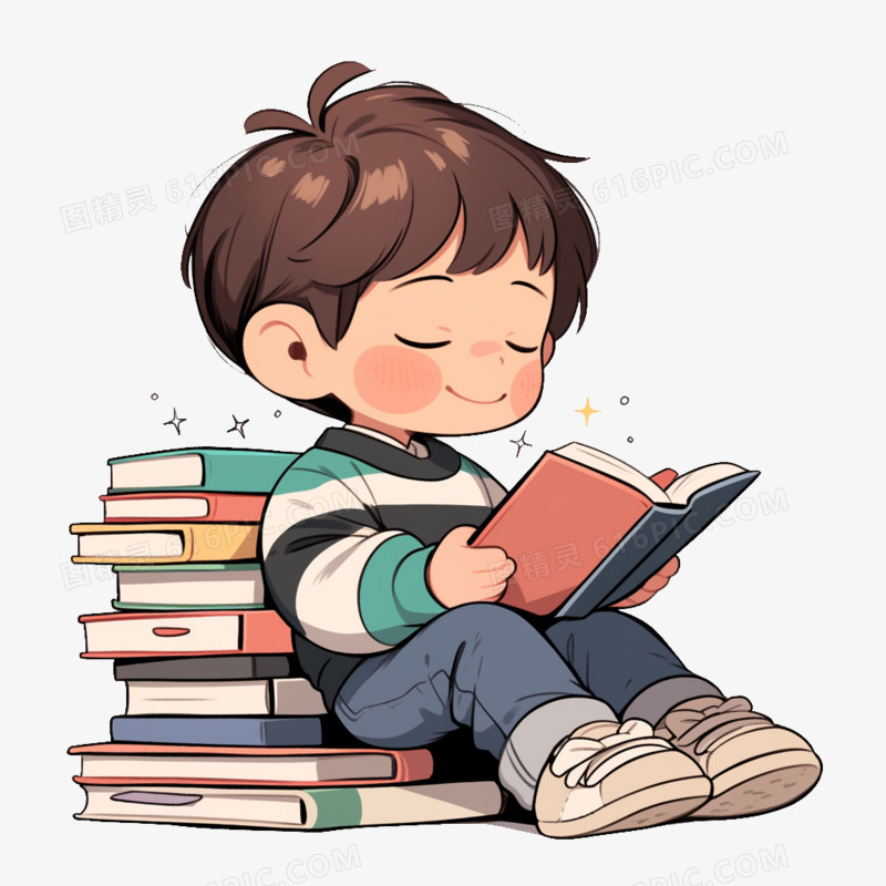 卡通风开学季一个小男孩在看书免抠元素