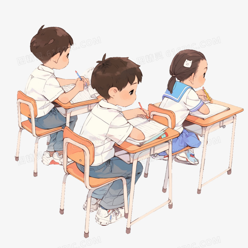 卡通风开学季三个上课的小学生免抠元素