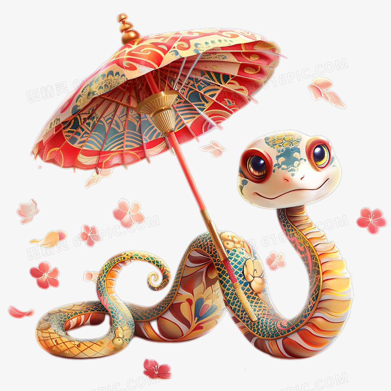 卡通手绘蛇和油纸伞免抠元素
