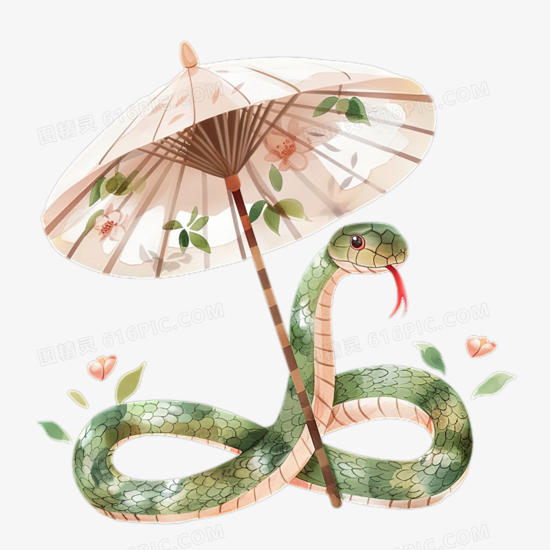 卡通手绘蛇和油纸伞免抠元素