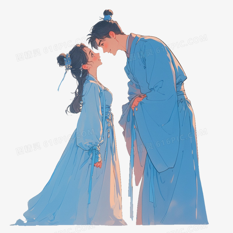 卡通风七夕一对古风情侣对望免抠元素