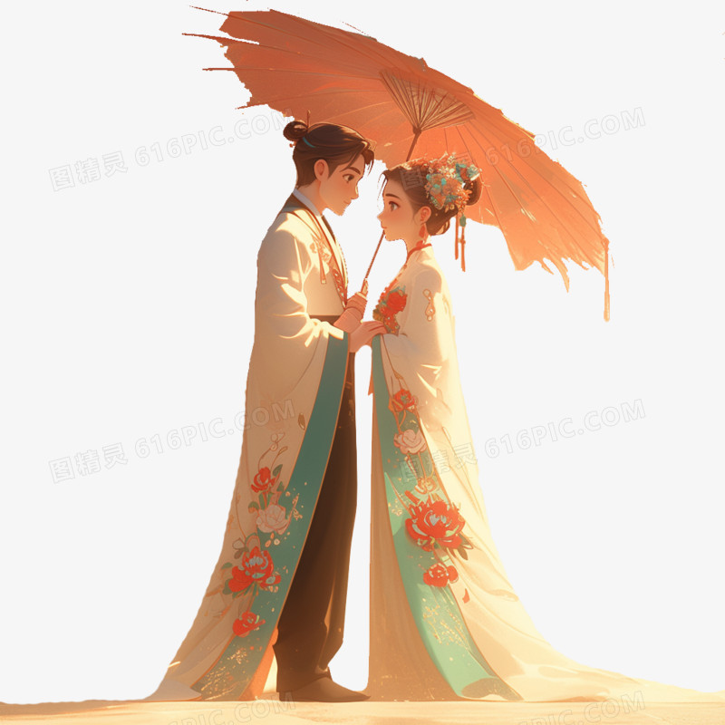 卡通风七夕一对古风情侣撑着油纸伞对望免抠元素