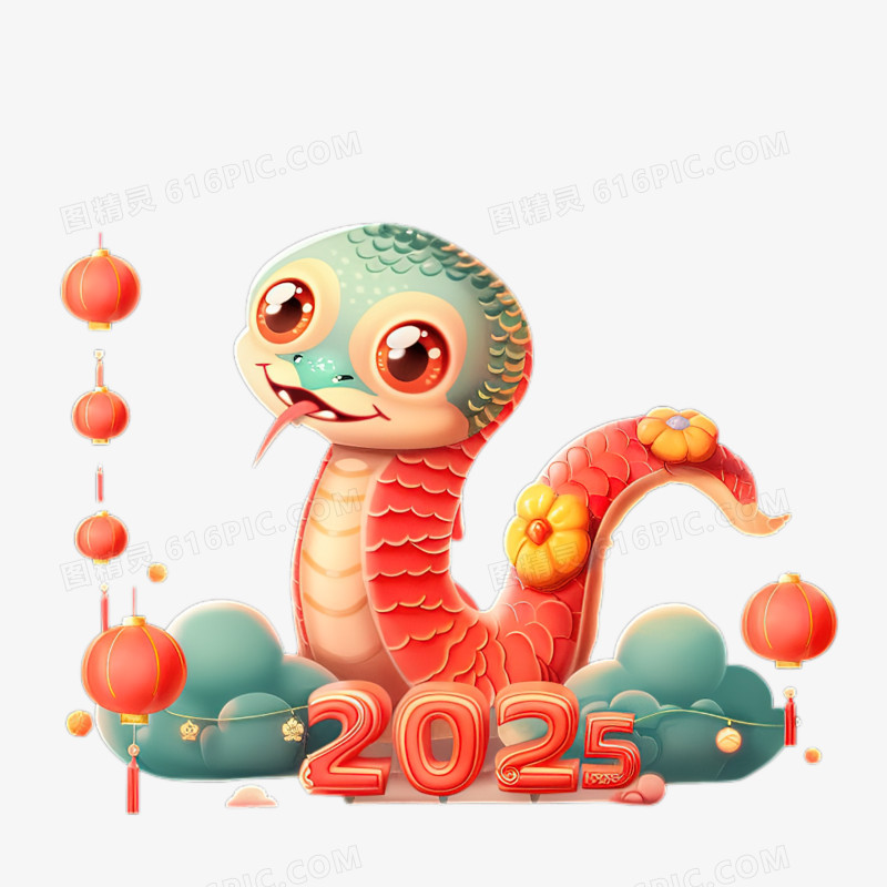 卡通3D可爱蛇年形象和数字2025合成元素