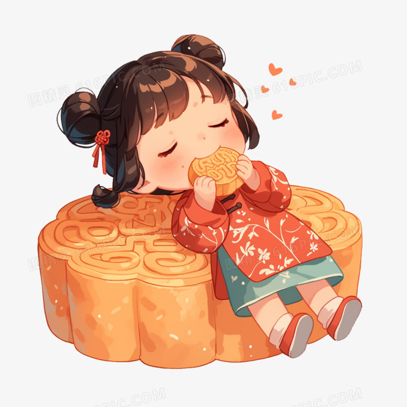 插画中秋小女孩倚着大月饼吃月饼免抠元素