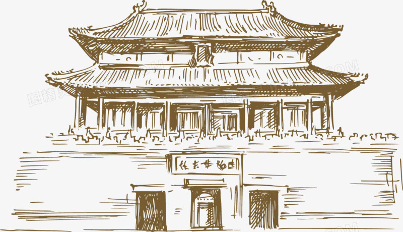 中国古代城楼线稿