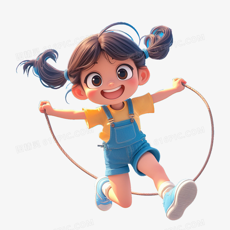 3D素材运动一个小女孩在跳绳免抠元素