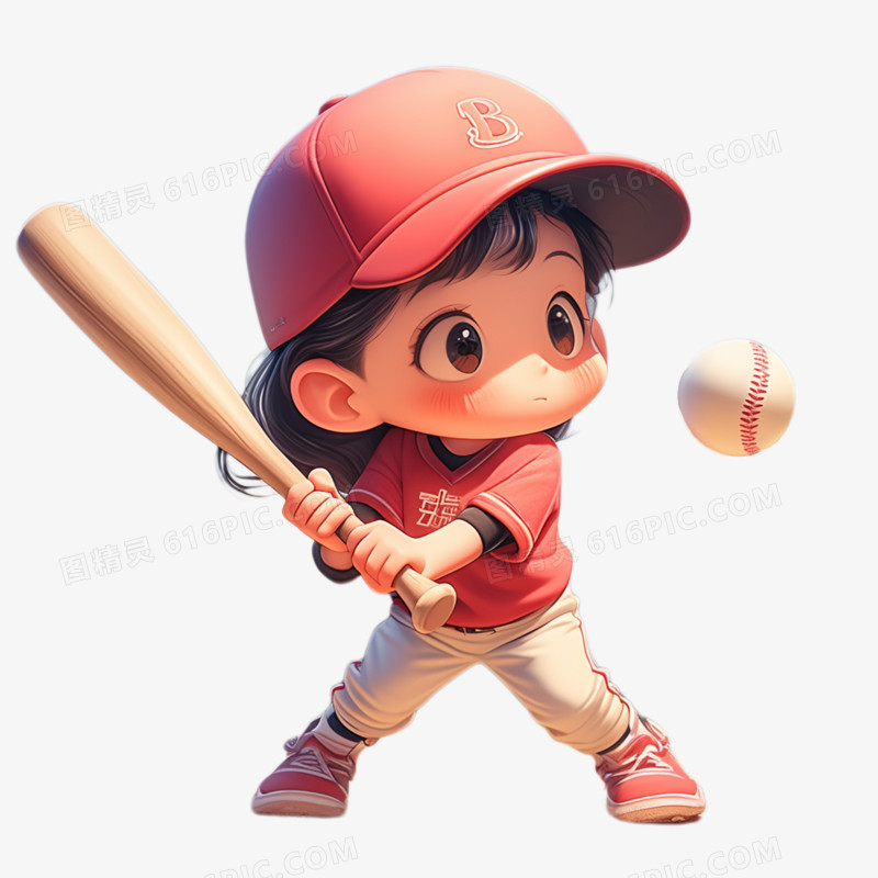 3D素材运动一个小女孩在打棒球免抠元素