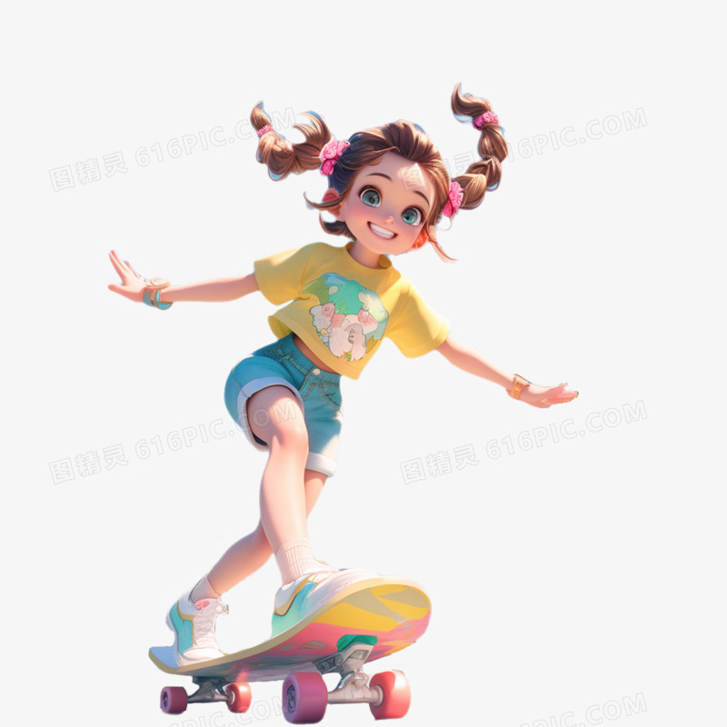 3D素材运动一个女孩在玩滑板免抠元素