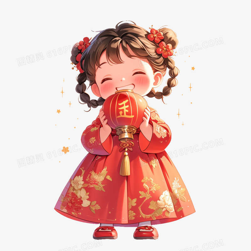 插画新年习俗小女孩提着灯笼拜年免抠元素