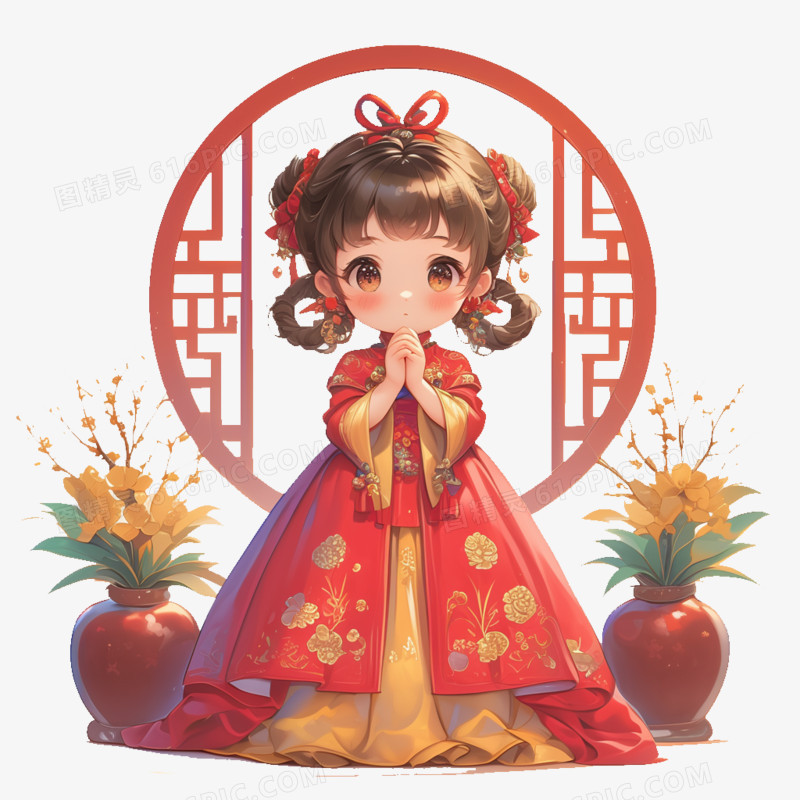 插画新年习俗小女孩拜年免抠元素