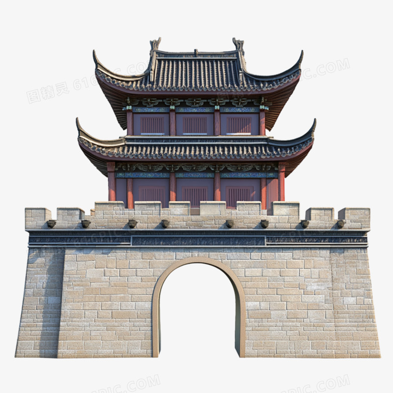 3D中国风建筑城墙插画风免抠元素