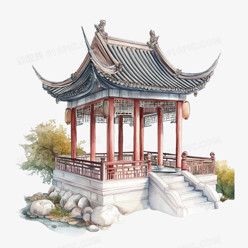 中国风建筑园林插画风免抠元素