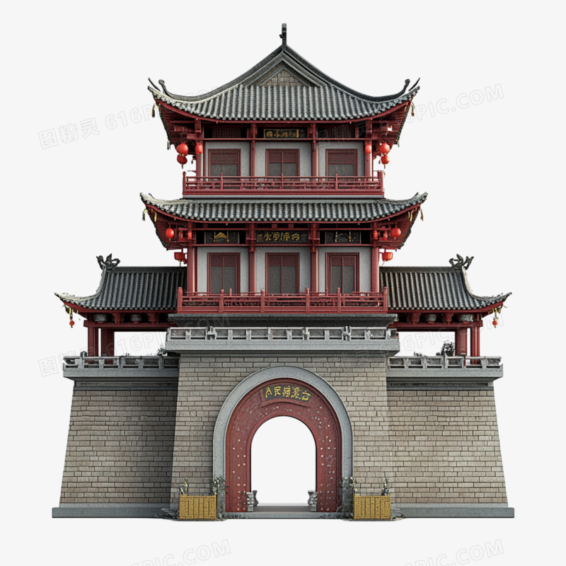 3D中国风建筑城墙插画风免抠元素