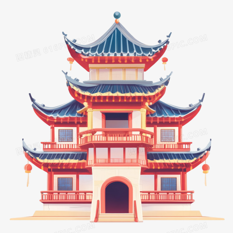 插画风中国风建筑寺庙免抠元素