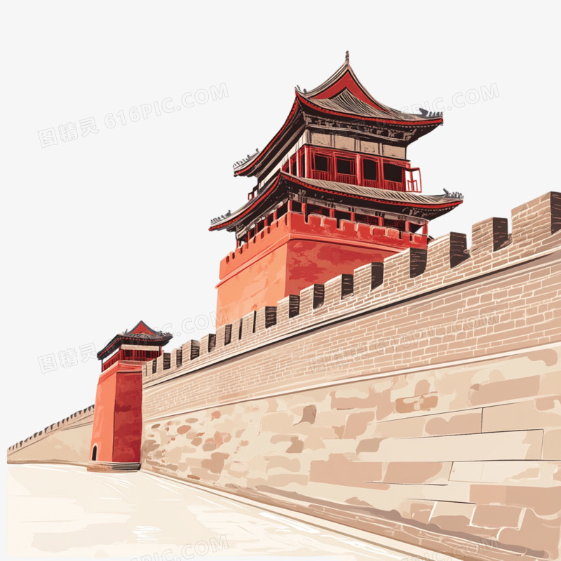 中国风建筑城墙插画风免抠元素