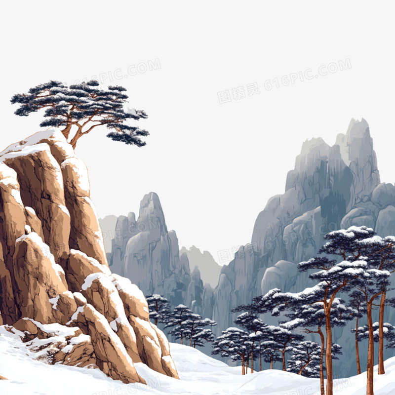 国潮插画冬天山脉中落满雪的松树风景免抠元素