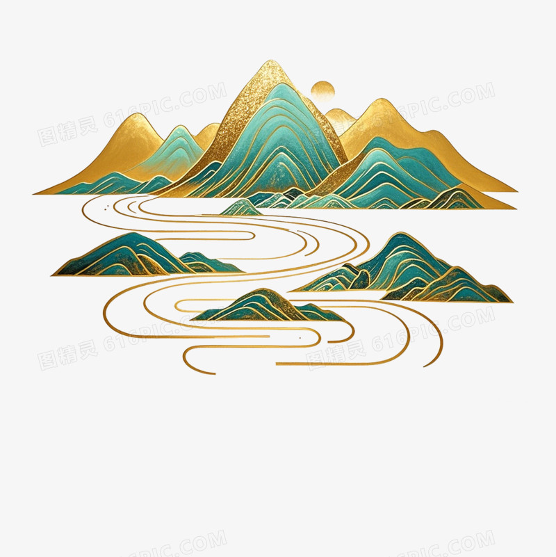 山峦的路金箔鎏金风格扁平免抠元素