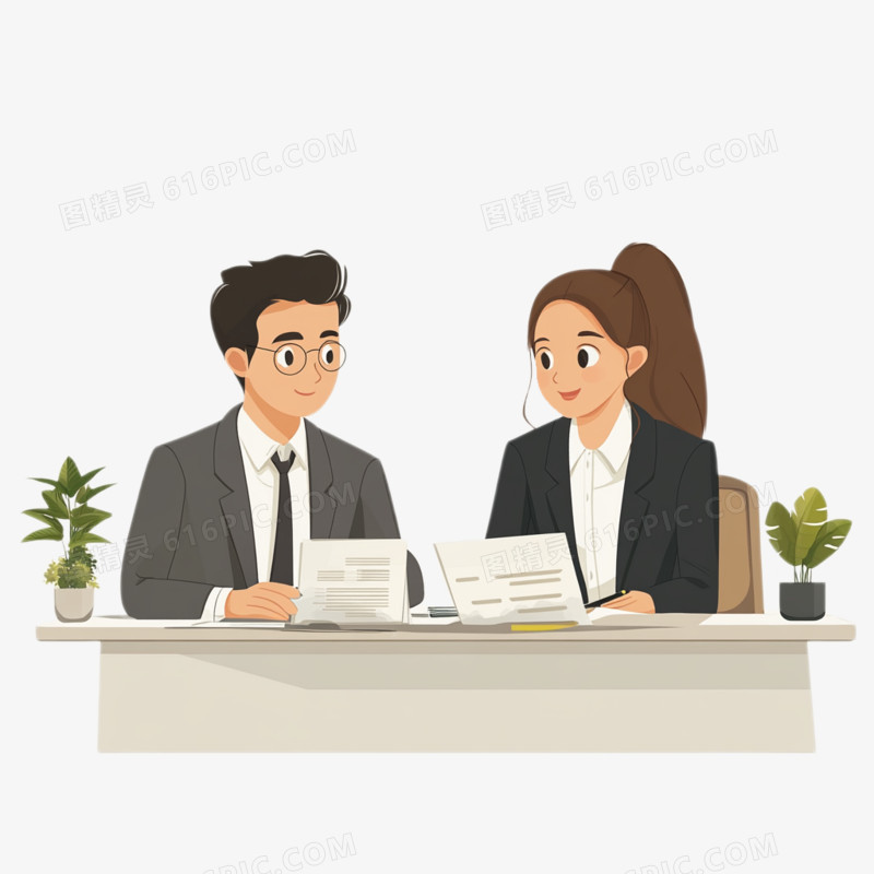 插画两个坐着的男人女人在签合同免抠元素