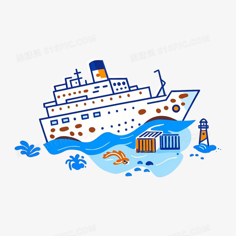 手绘海关海运轮船海关街免抠元素