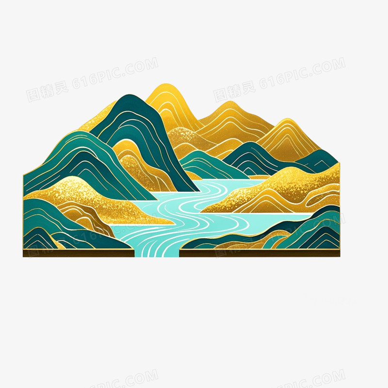 山水金箔鎏金风格扁平免抠元素