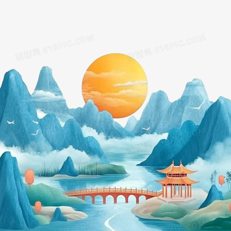 手绘插画国潮山水风景免抠元素