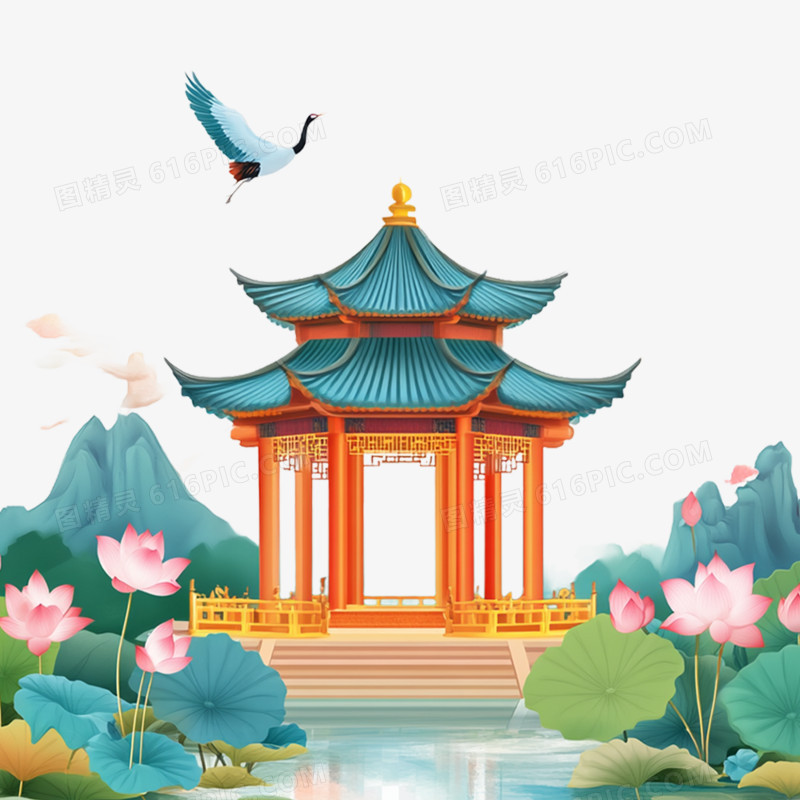 手绘插画国潮亭子风景免抠元素