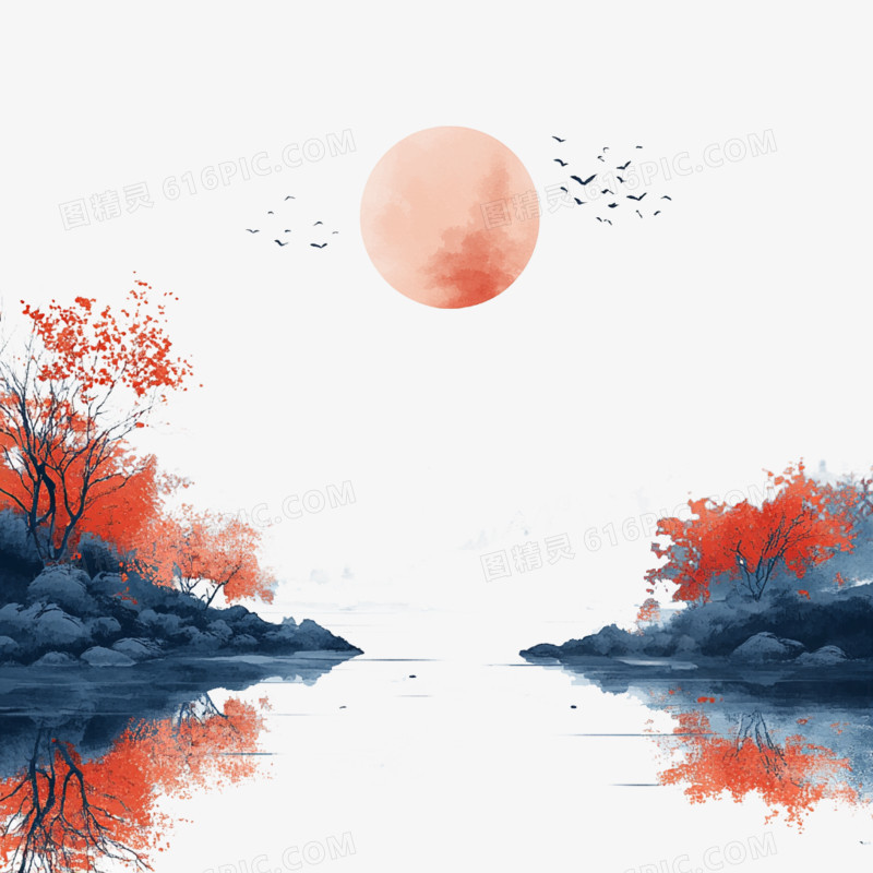壁画风中国山水的免抠元素
