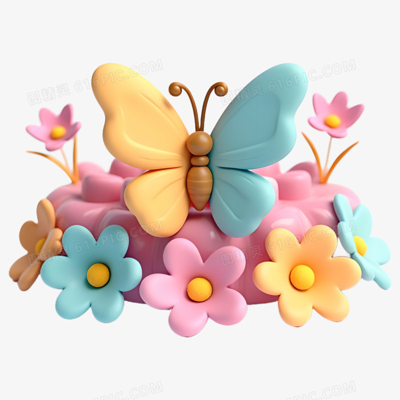 3D美丽蝴蝶和花儿免抠元素