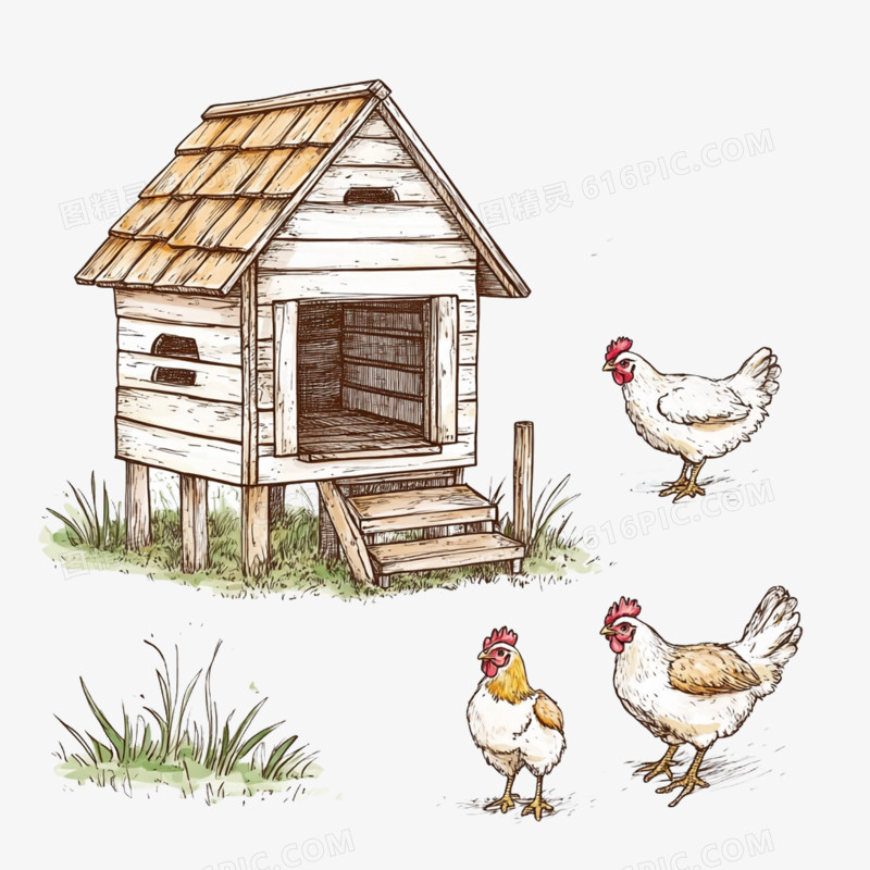 插画畜牧业养鸡鸡笼免抠元素