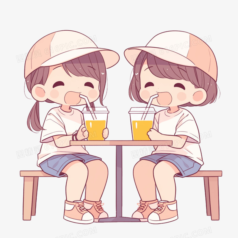 插画吸管饮料可爱人物喝饮料免抠元素