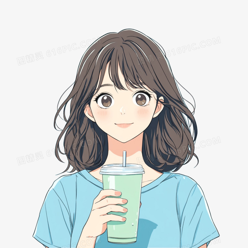 插画吸管饮料可爱人物喝饮料免抠元素