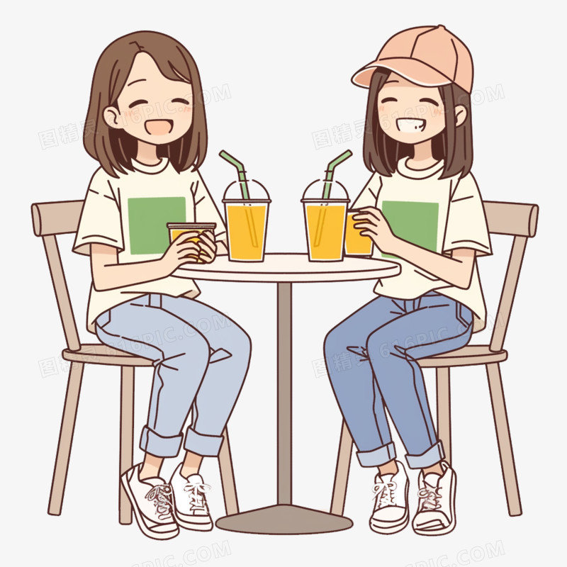 插画吸管饮料可爱人物喝饮料免抠元素