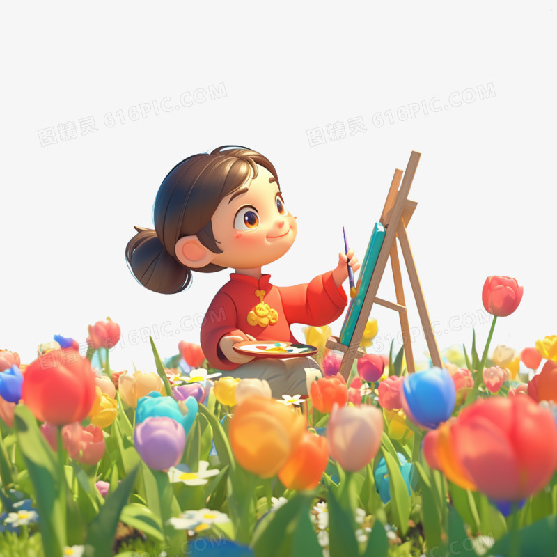 3D卡通小女孩在花丛中画画免抠元素