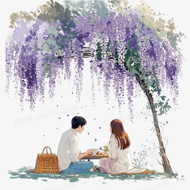 插画一对年轻情侣坐在紫藤花下野餐免抠元素