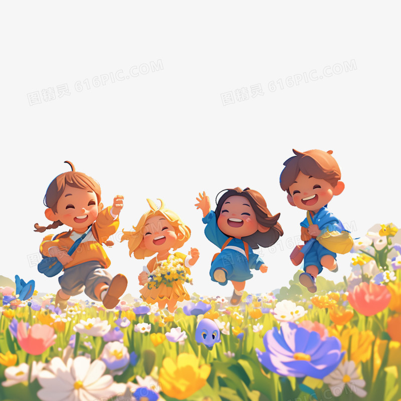 3D卡通几个小朋友在草地里奔跑免抠元素